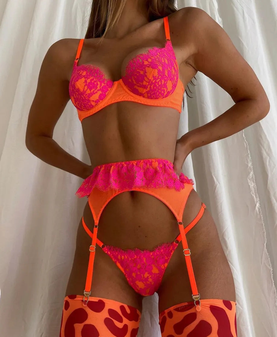 3 Piece Contrast Color Lace Erotic Set