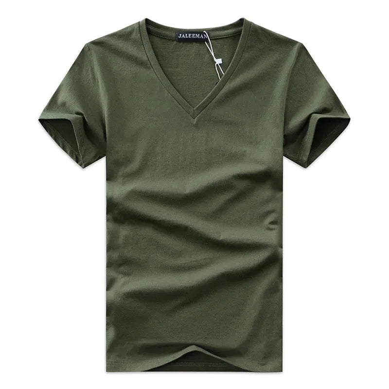 Men T-shirt Cotton Short Sleeve V-neck