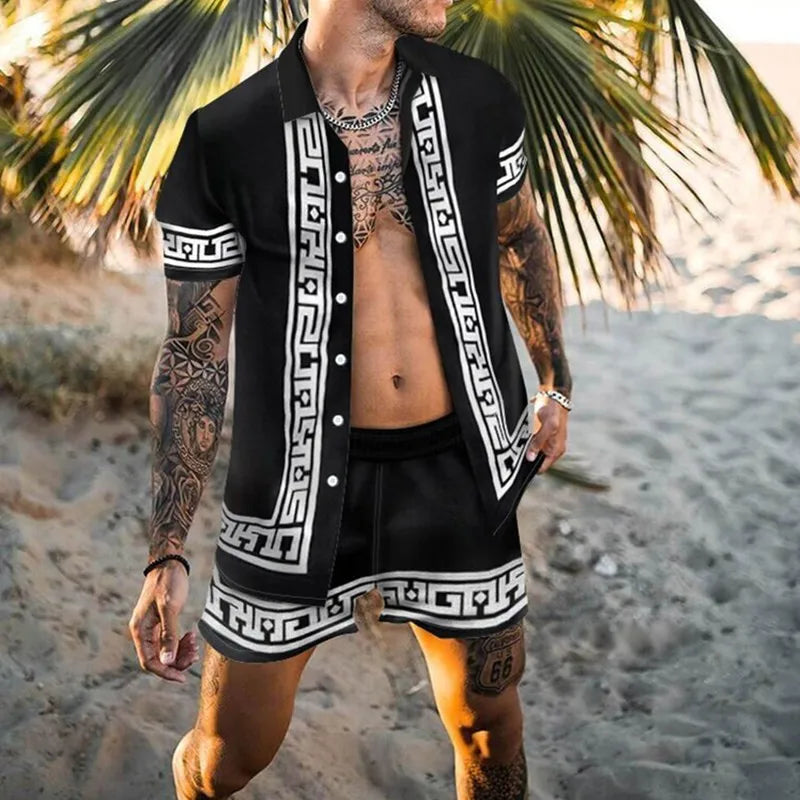 2023 New Summer  Hawaiian Casual Two-piece Men Set