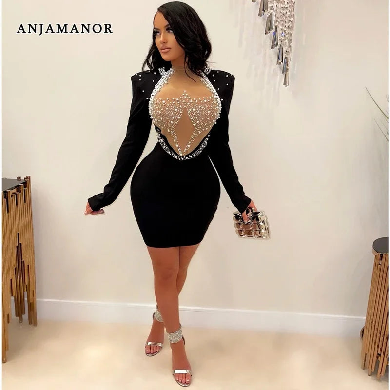 Rhinestone Pearl Mesh Glam Dress