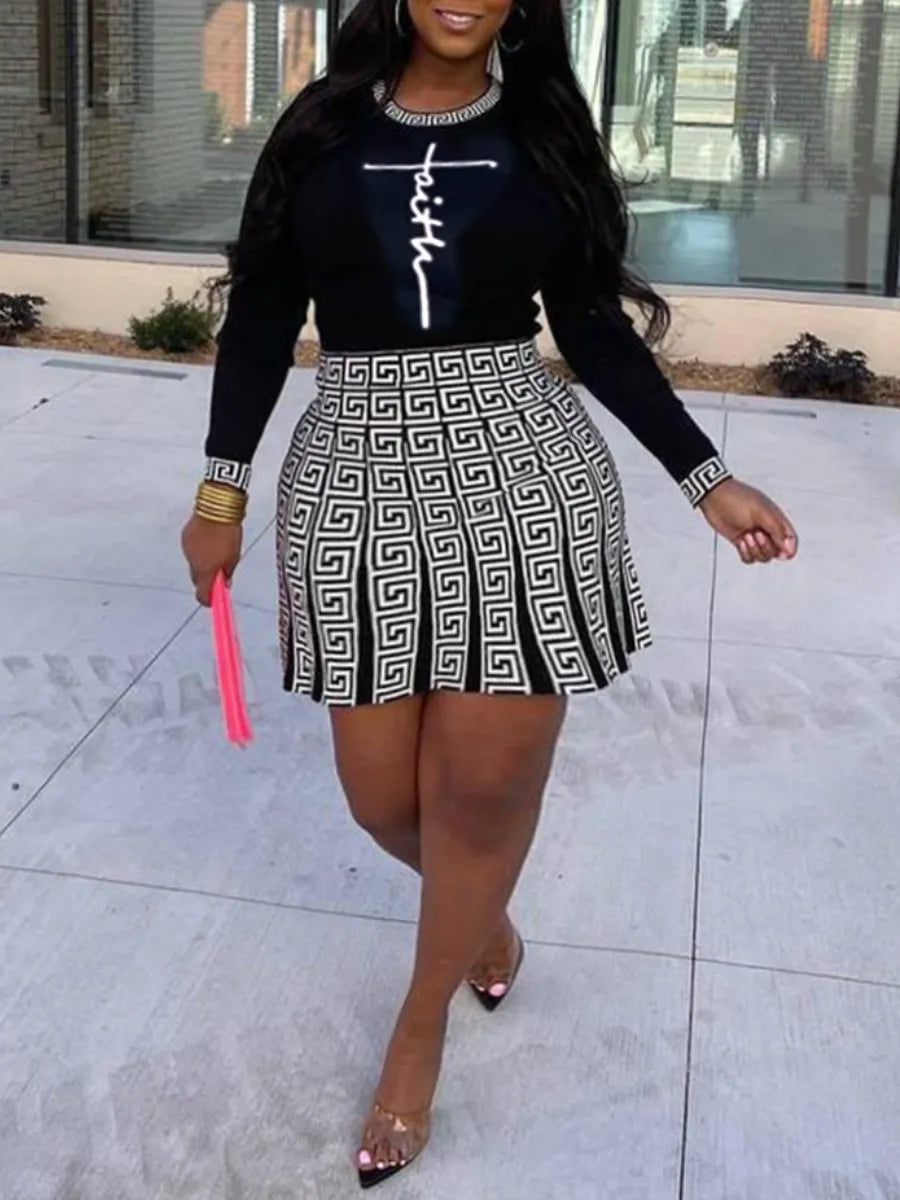 Plus Size Women Two Piece Mini Skirt Set